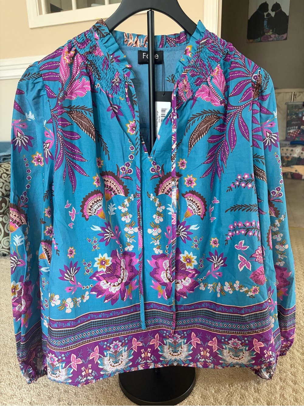 Teal Floral Peasant Blouse